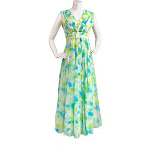 60s Leaf Print Blue Green Chiffon Maxi Garden Party Dress